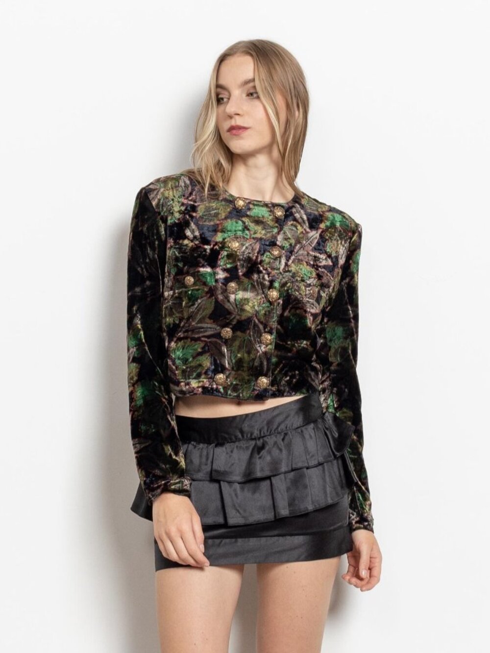 VELVET CROPPED BLAZER Double Breasted Floral Paris Vintage Jacket / Small Medium